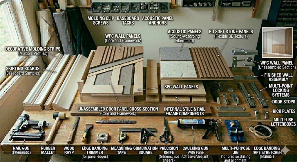 Assorted interior decoration materials including wall panels, films, and trims Assorted interior decoration materials including wall panels, films, and trims